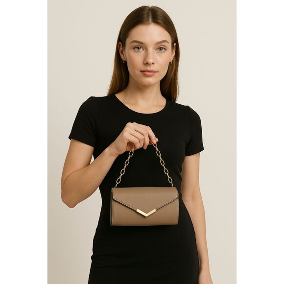 Urban Expressions Taupe Faux Leather Mini Purse with Gold Chain Handle 7x5 - Picture 8 of 8